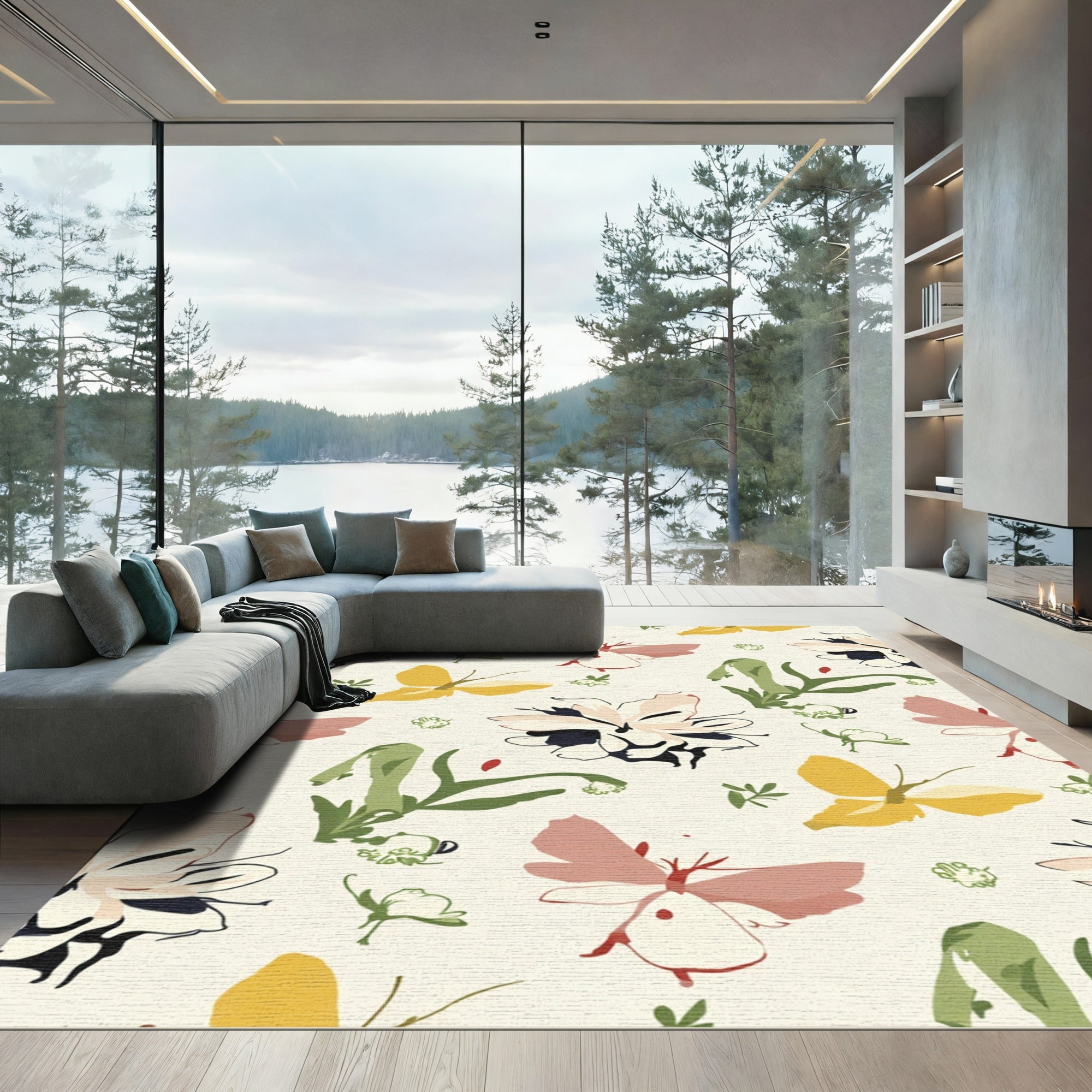 Whimsical Pink Yellow Butterfly Garden Rug