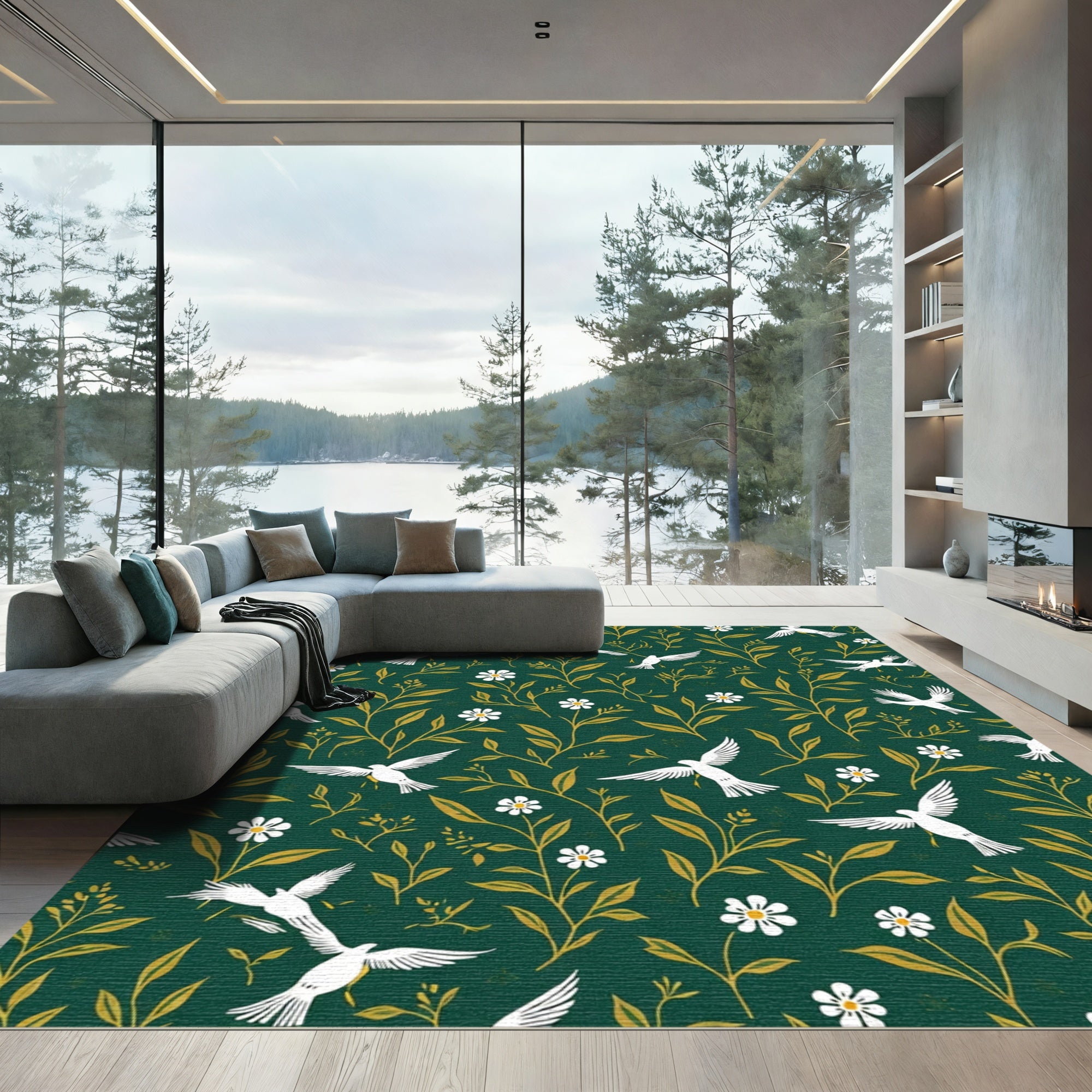 White Birds Golden Foliage Garden Rug