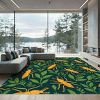 Golden Insect Green Leaf Whimsical Rug