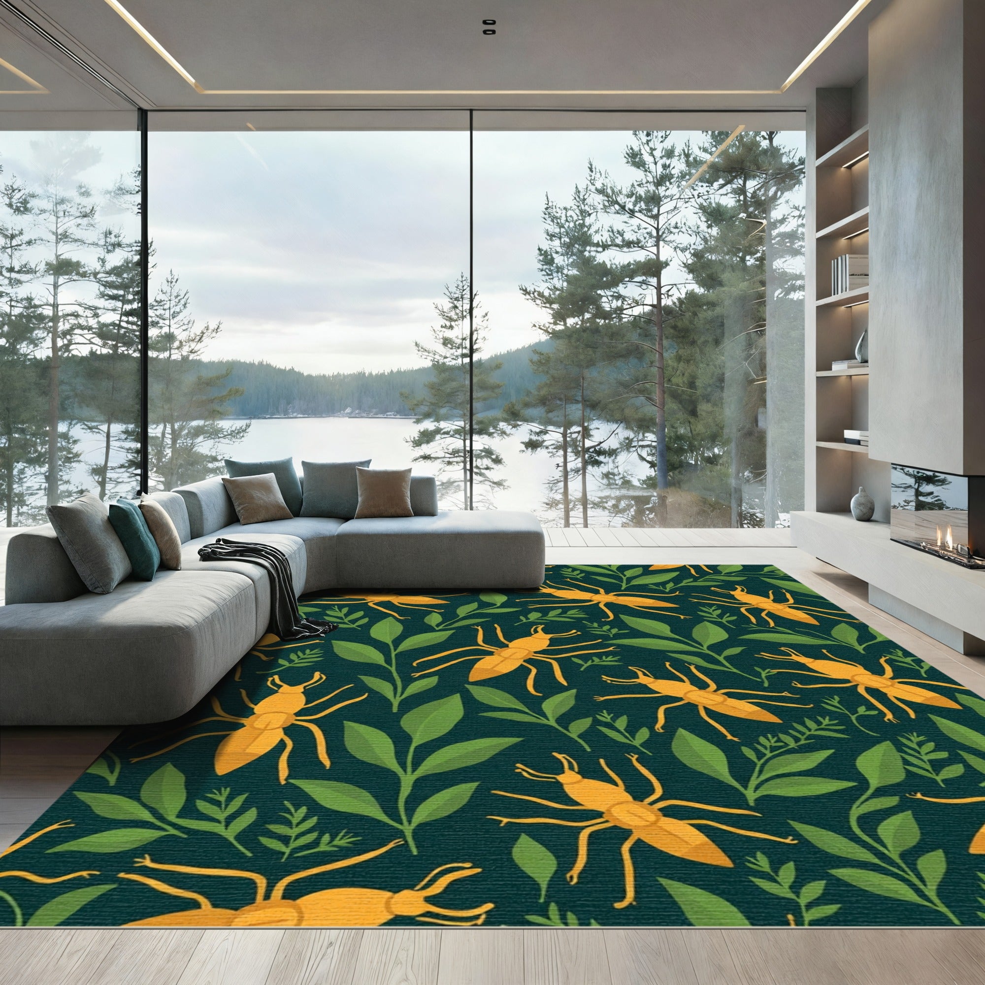 Golden Insect Green Leaf Whimsical Rug