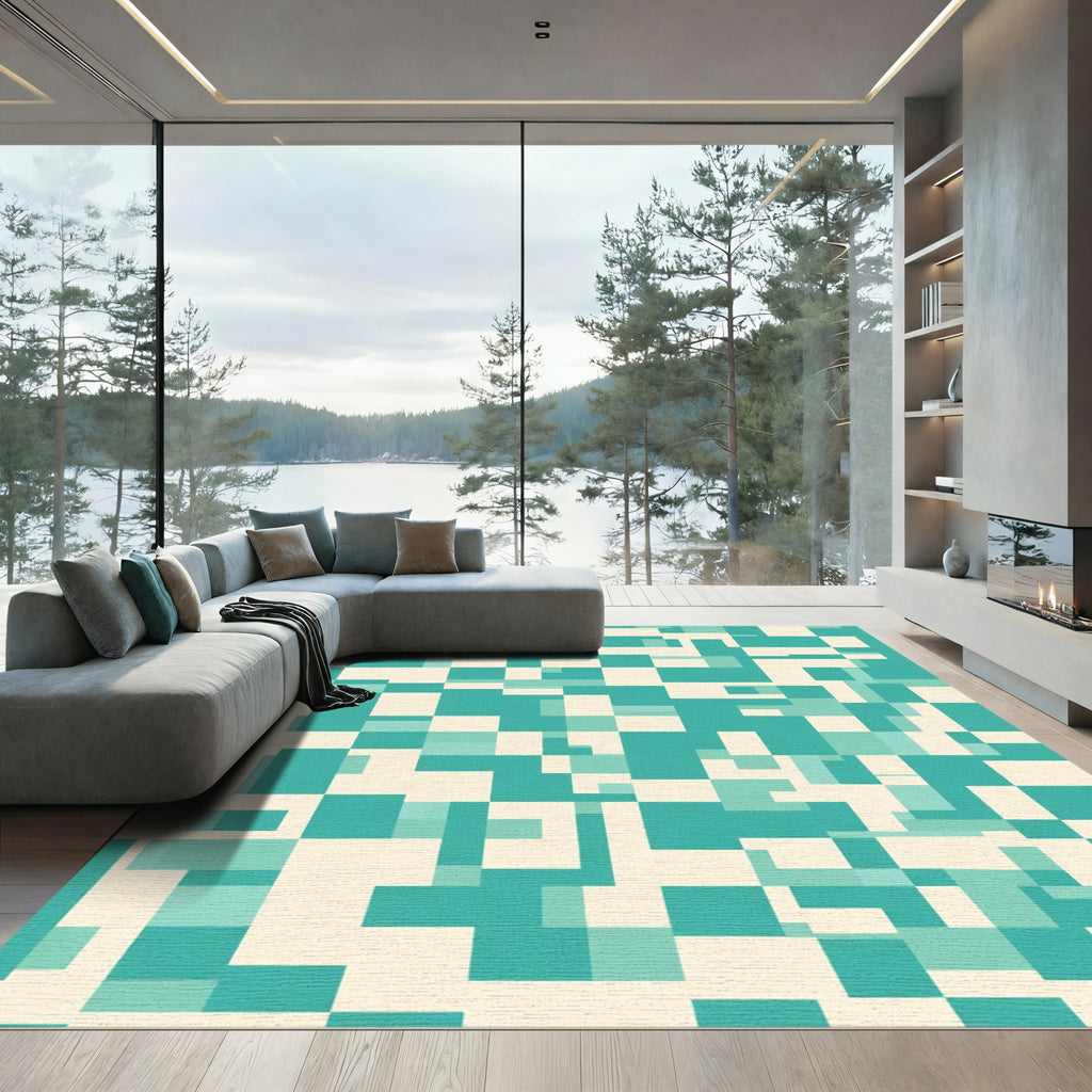 Teal Cream Abstract Geometric Blocks Rug