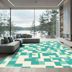 Teal Cream Abstract Geometric Blocks Rug