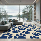 Navy Blue Paw Prints Scattered Background Rug