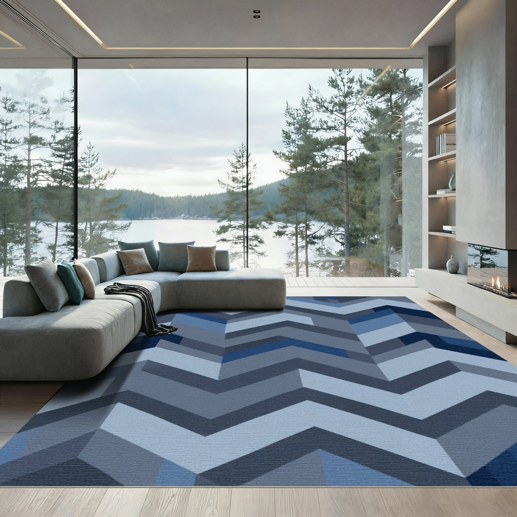 Blue Geometric Chevron Abstraction Rug