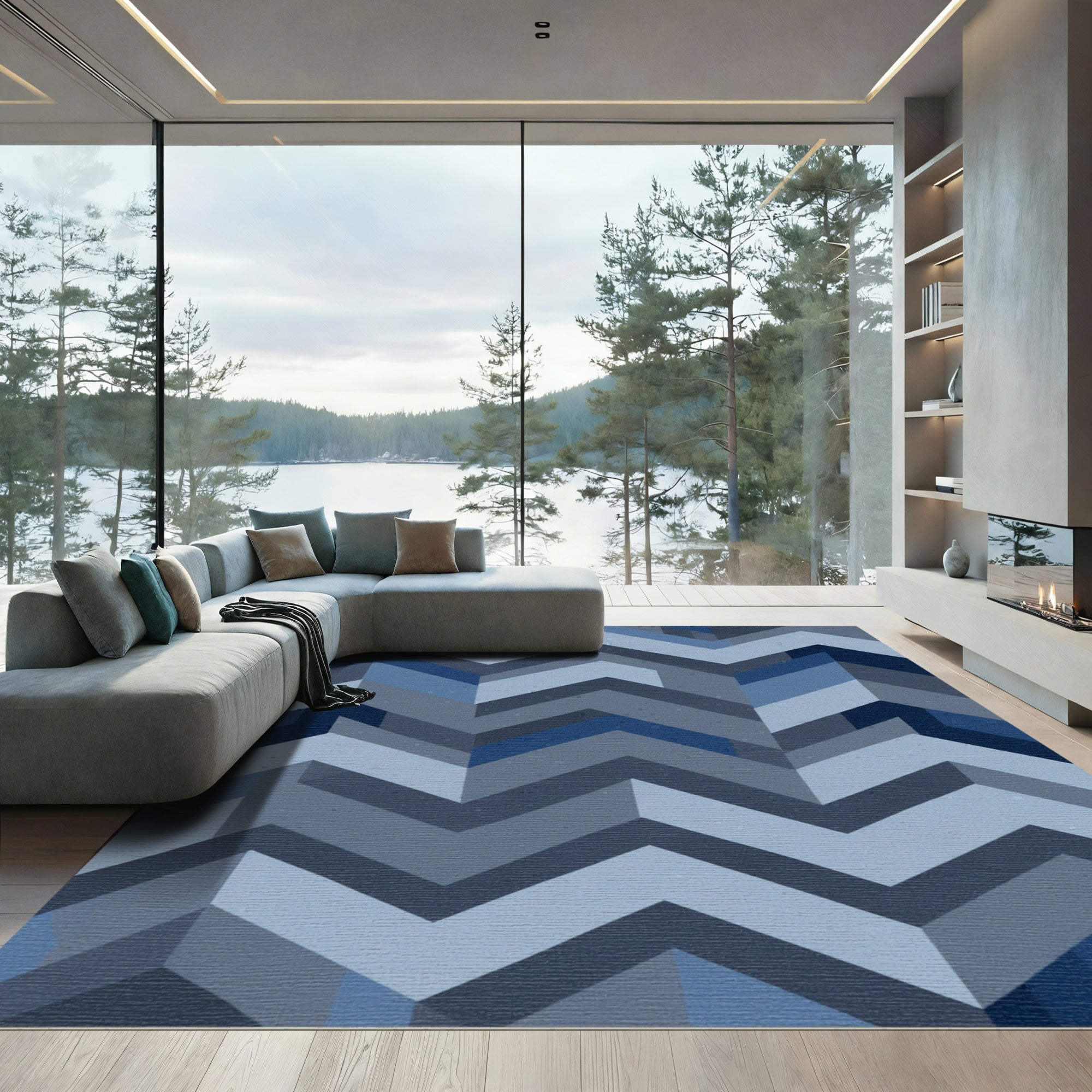 Blue Geometric Chevron Abstraction Rug