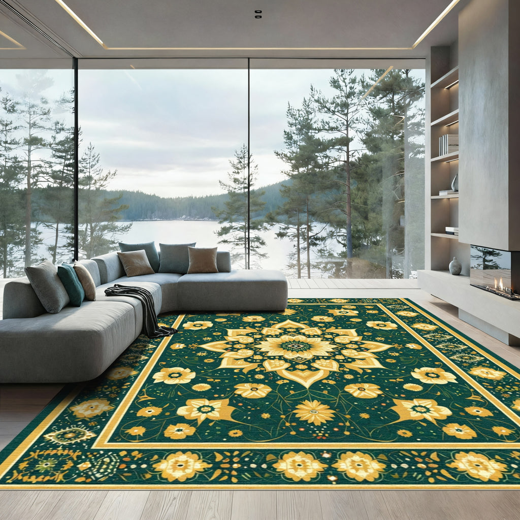 Golden Floral Medallion Emerald Tapestry Rug