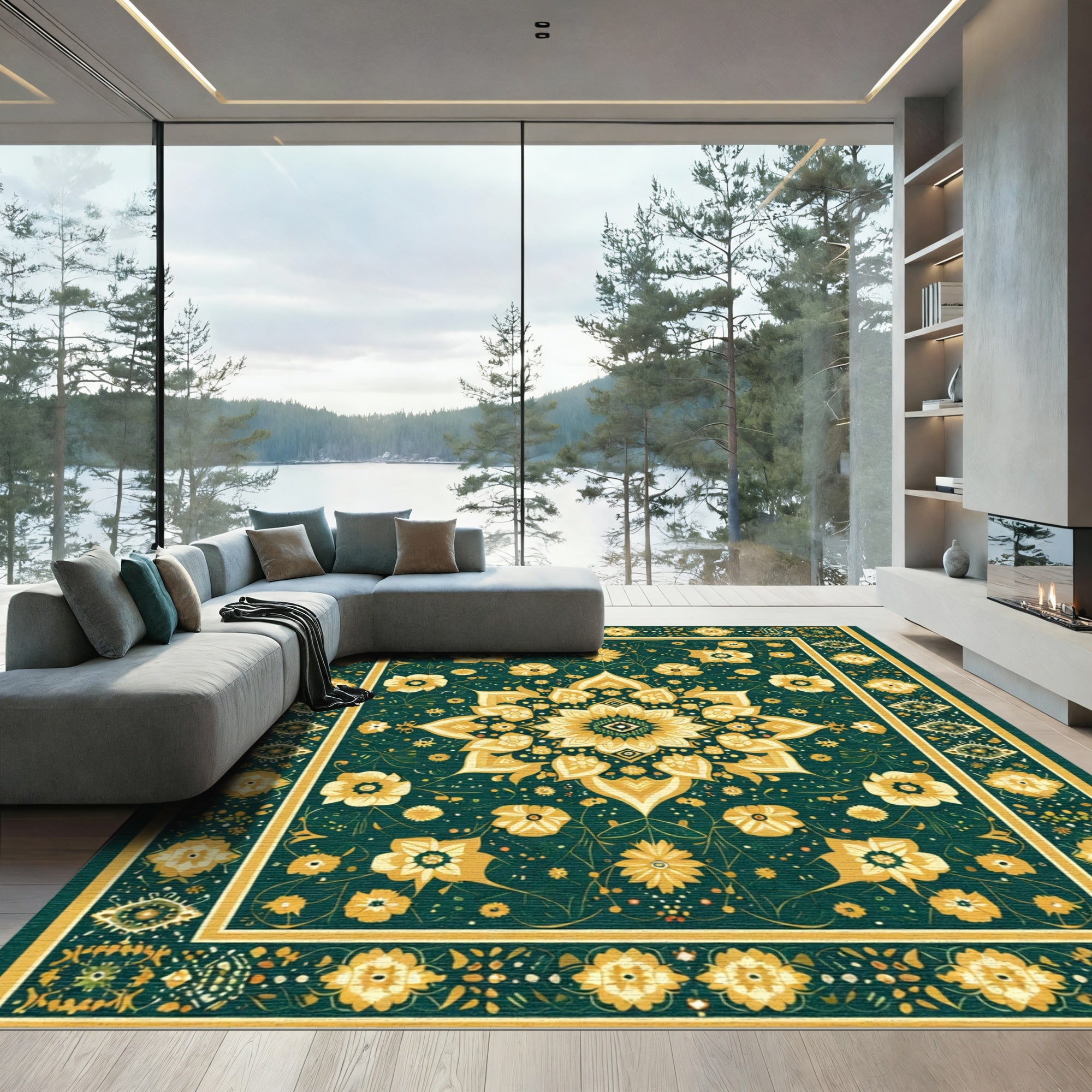 Golden Floral Medallion Emerald Tapestry Rug
