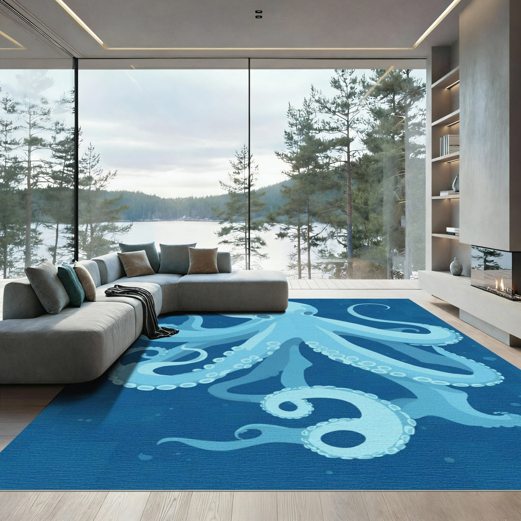 Aqua Blue Octopus Underwater Bloom Rug