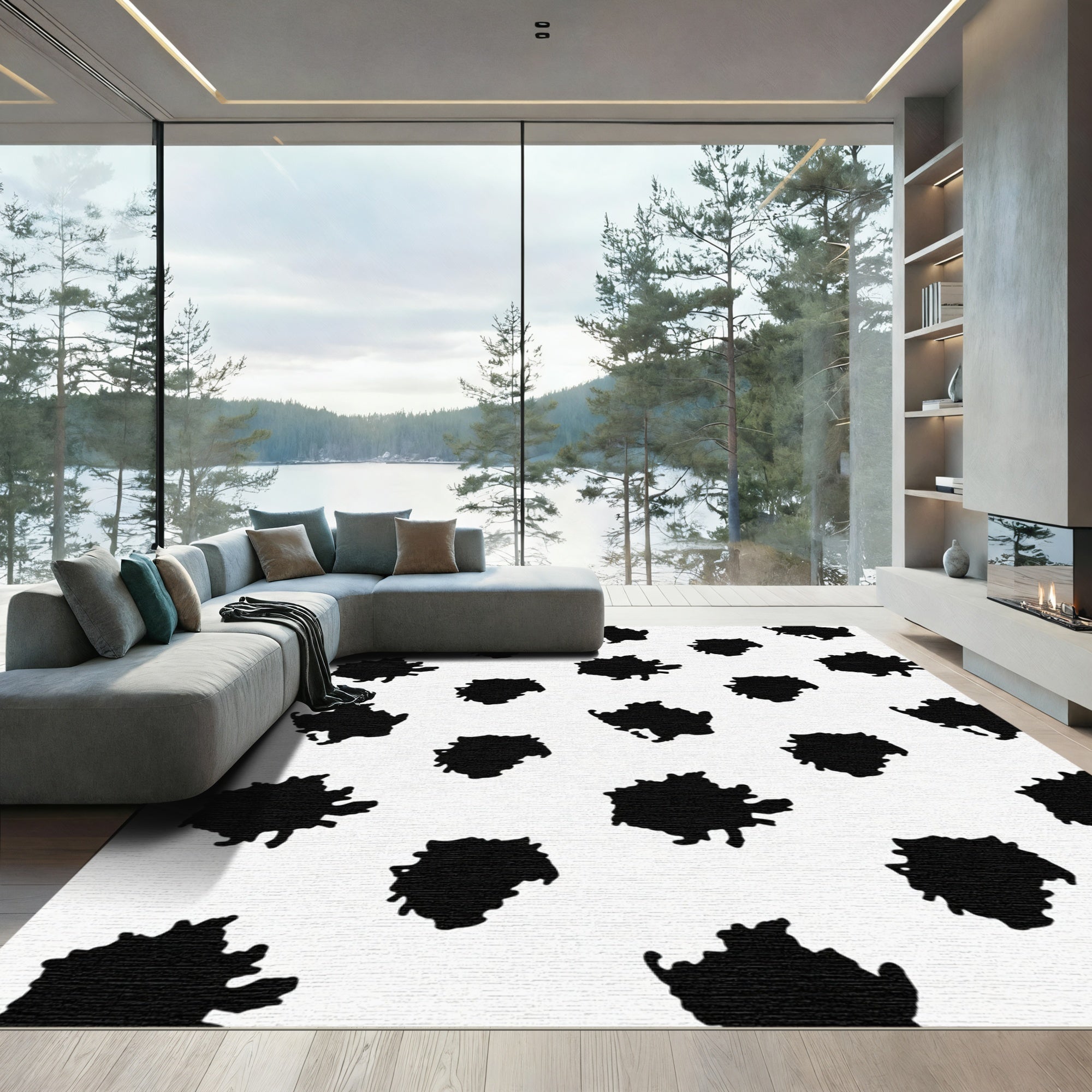 Abstract Black Splash Scattered White Rug
