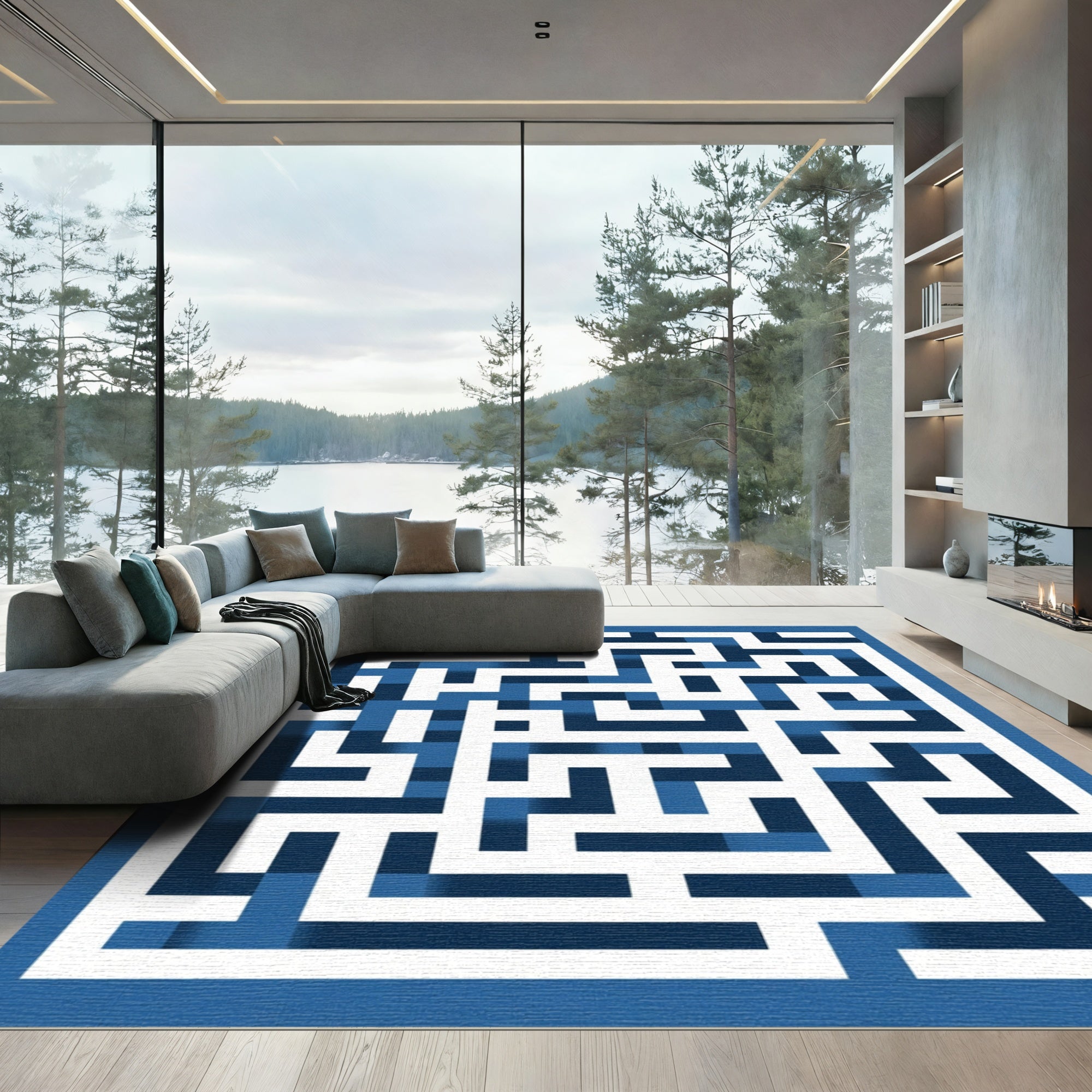 Blue White Geometric Maze Rug