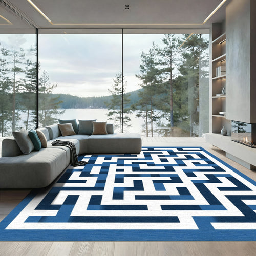 Blue White Geometric Maze Rug