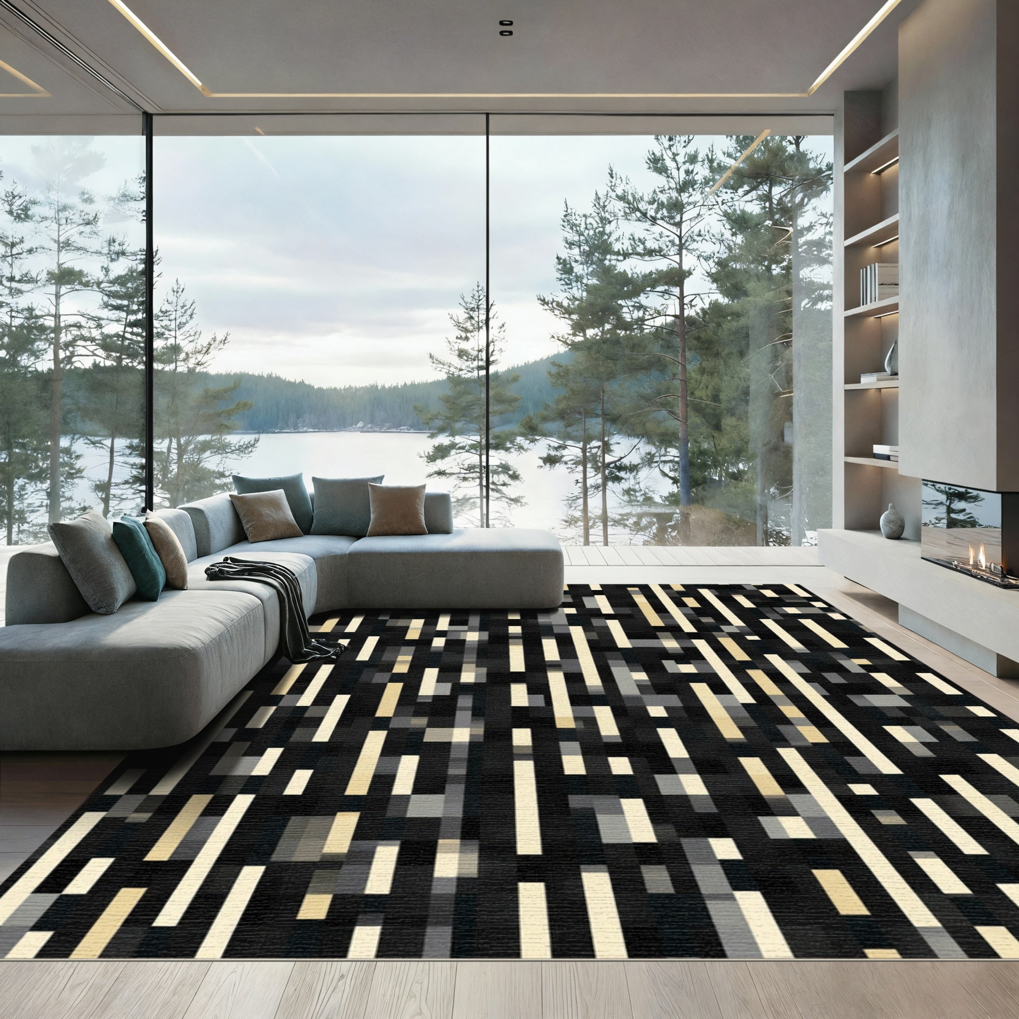 Black Beige Vertical Pixel Lines Rug