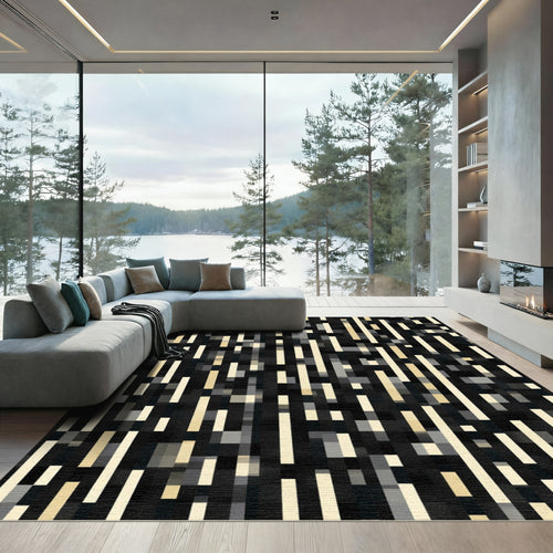 Black Beige Vertical Pixel Lines Rug