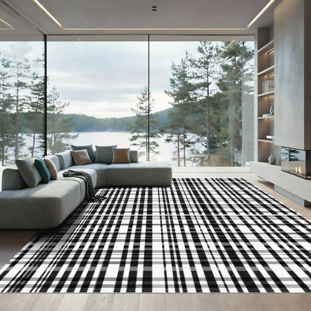 Monochromatic Black White Plaid Lines Rug