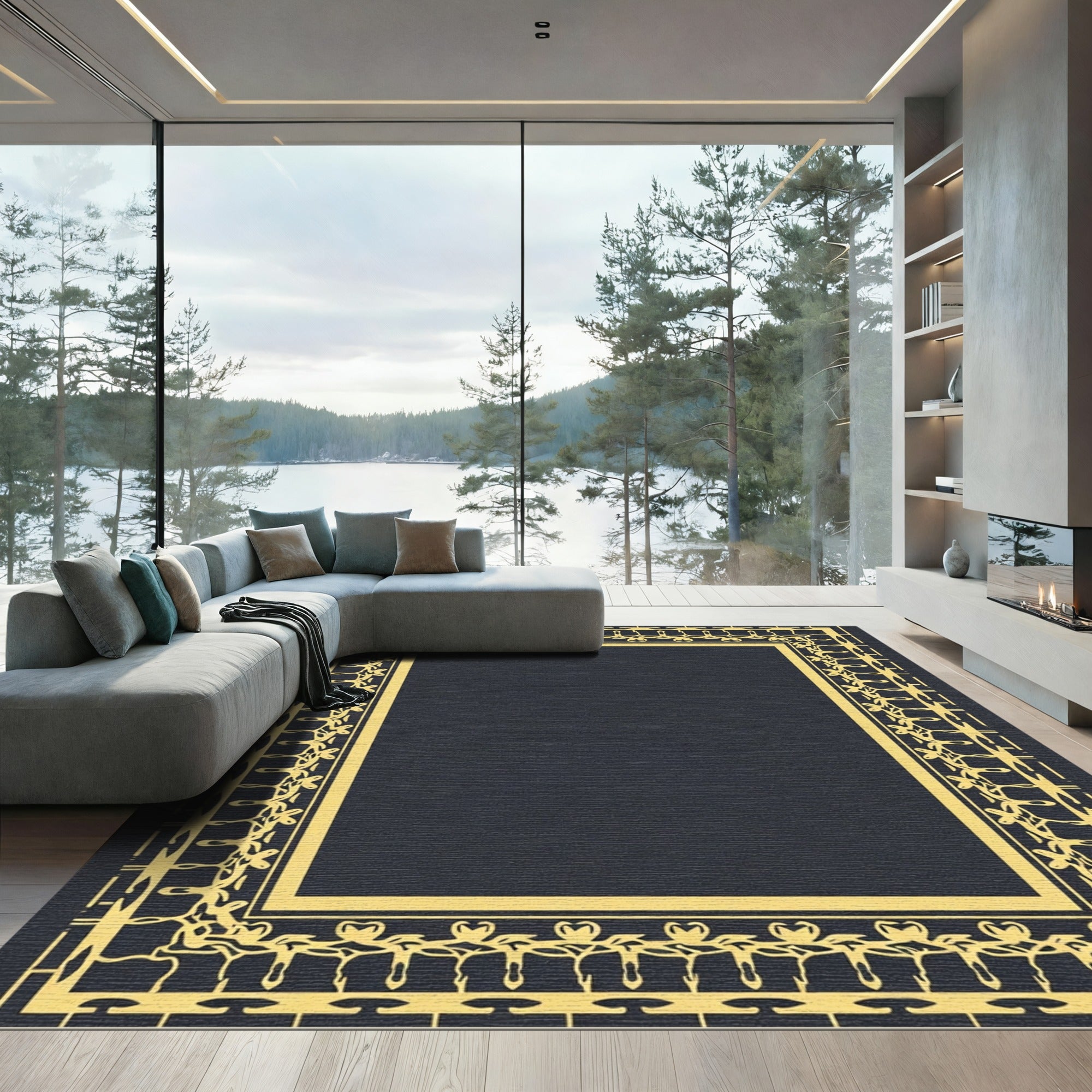 Golden Art Deco Floral Frame Rug