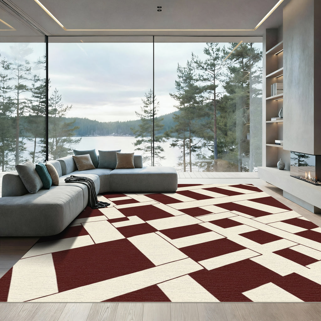 Deep Red Interlocking Geometric Blocks Rug