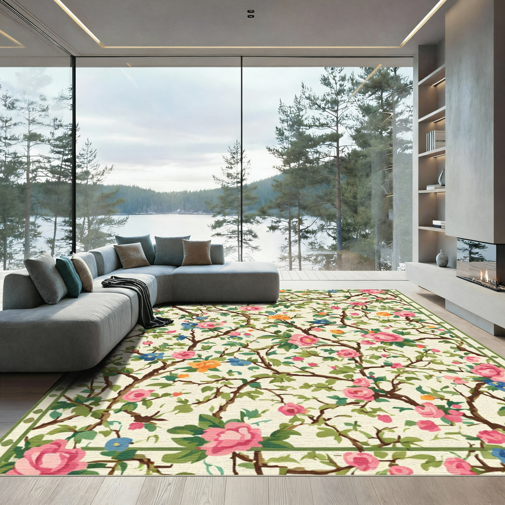 Pink Floral Garden Vine Border Rug