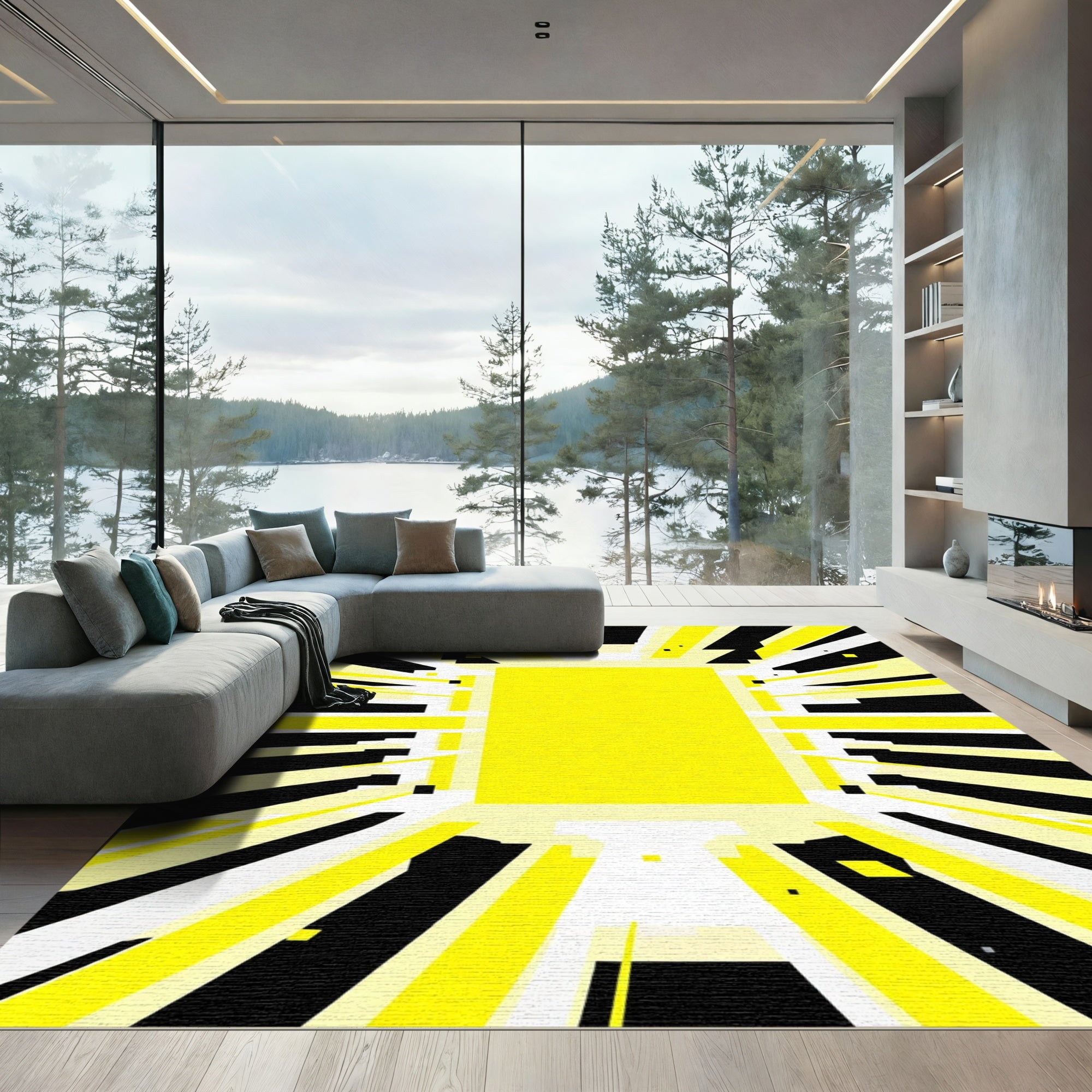 Vibrant Yellow Black Linear Burst Rug