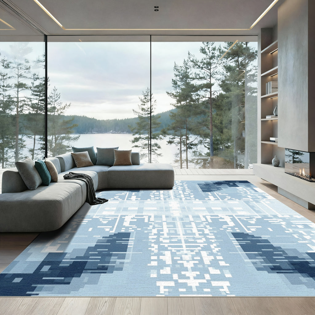 Deep Blue Pixelated Symmetry Rug