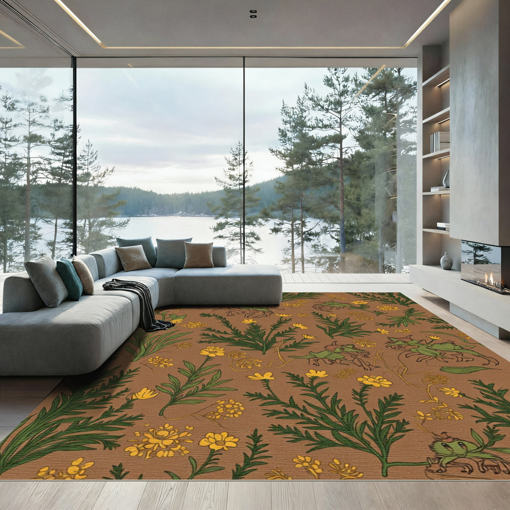 Whimsical Green Critter Yellow Floral Field Rug