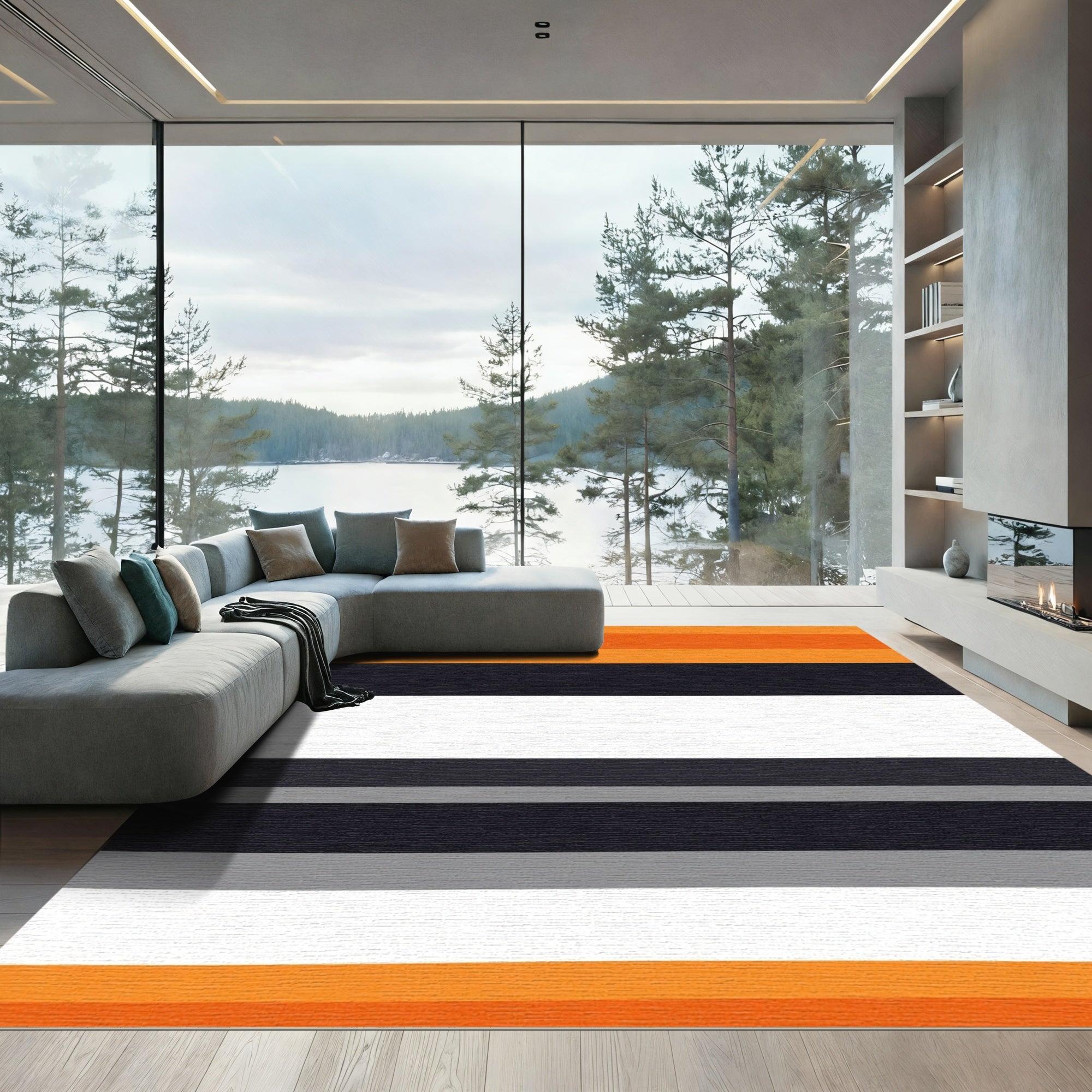 Bold Orange Cream Gray Stripe Layers Rug
