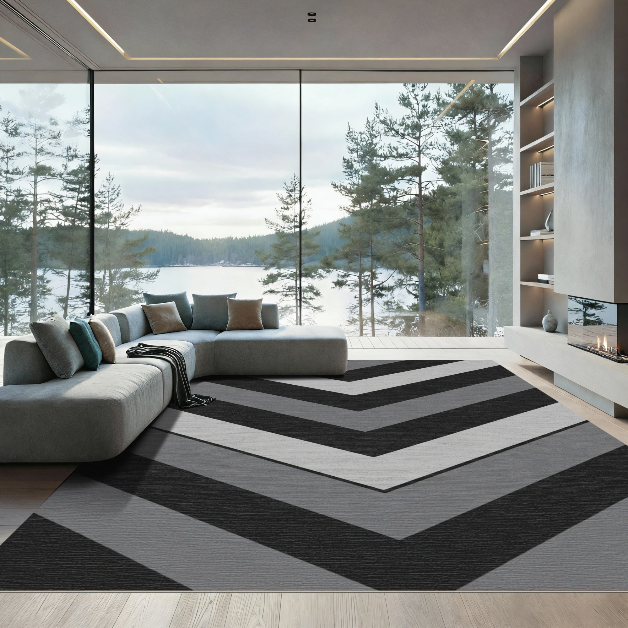 Monochrome Chevron Stripe Geometric Rug