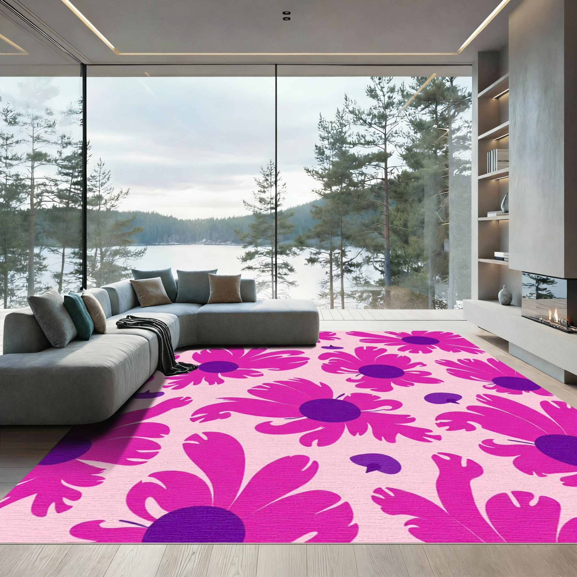 Vibrant Fuchsia Floral Field Rug