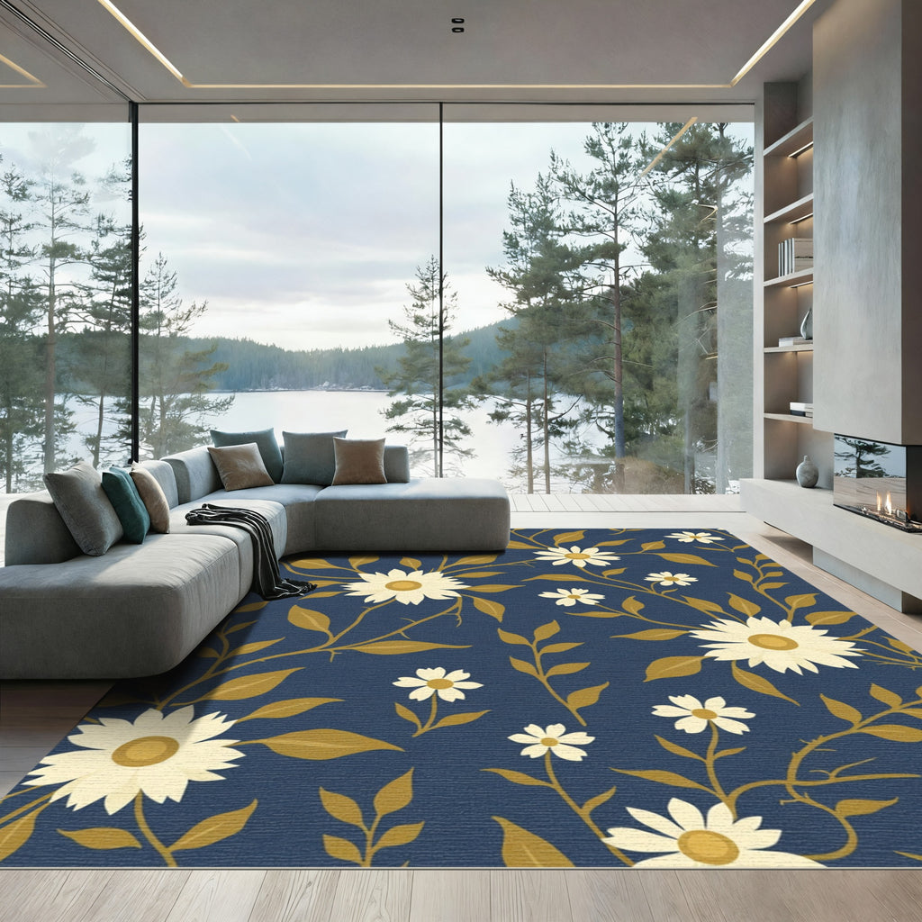 Navy White Floral Meadow Vines Rug