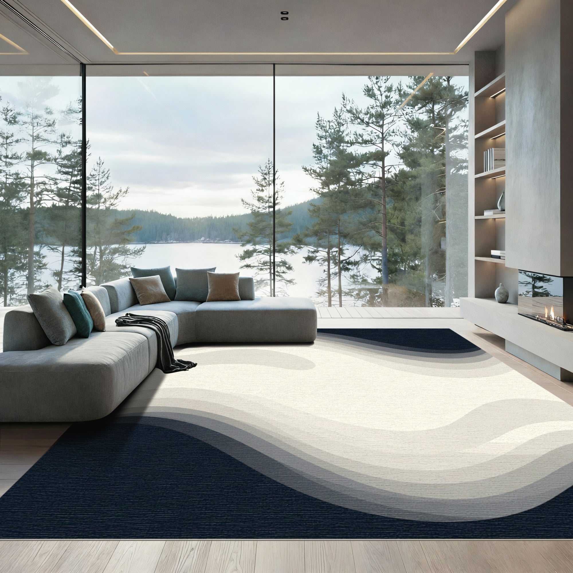 Deep Navy Abstract Wave Overlay Rug