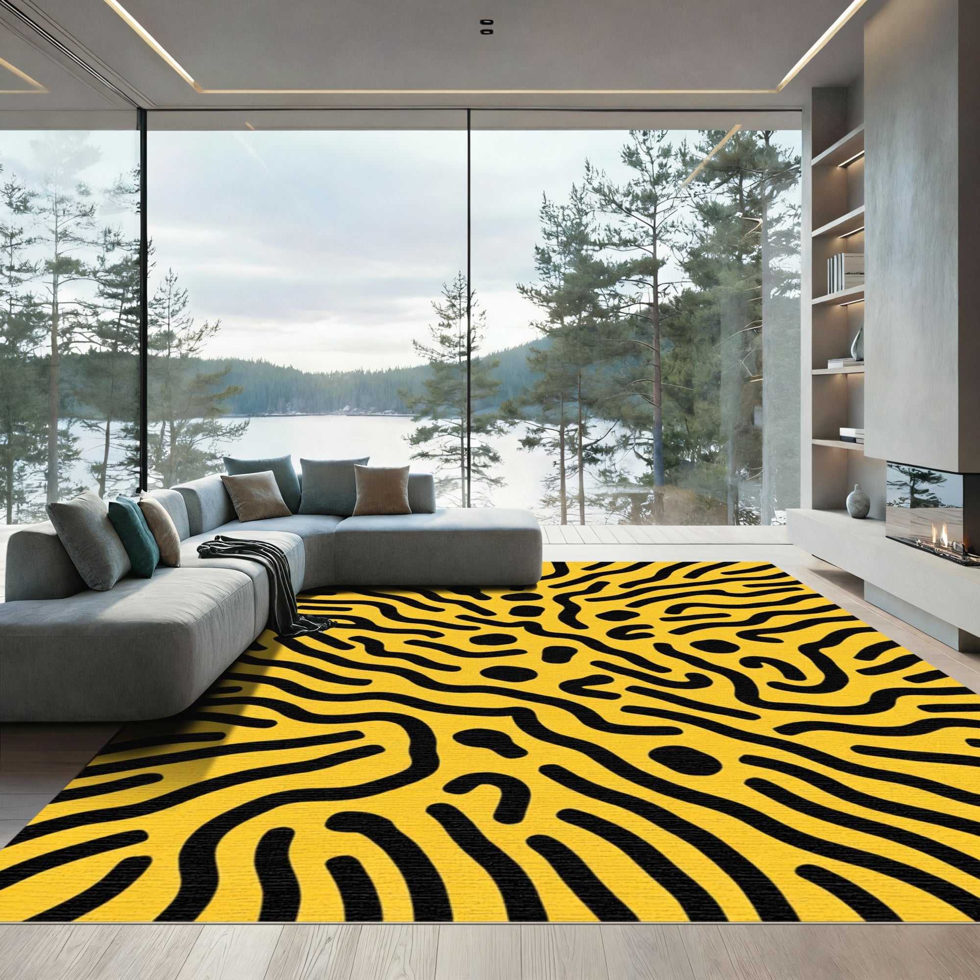 Yellow Black Abstract Organic Lines Rug