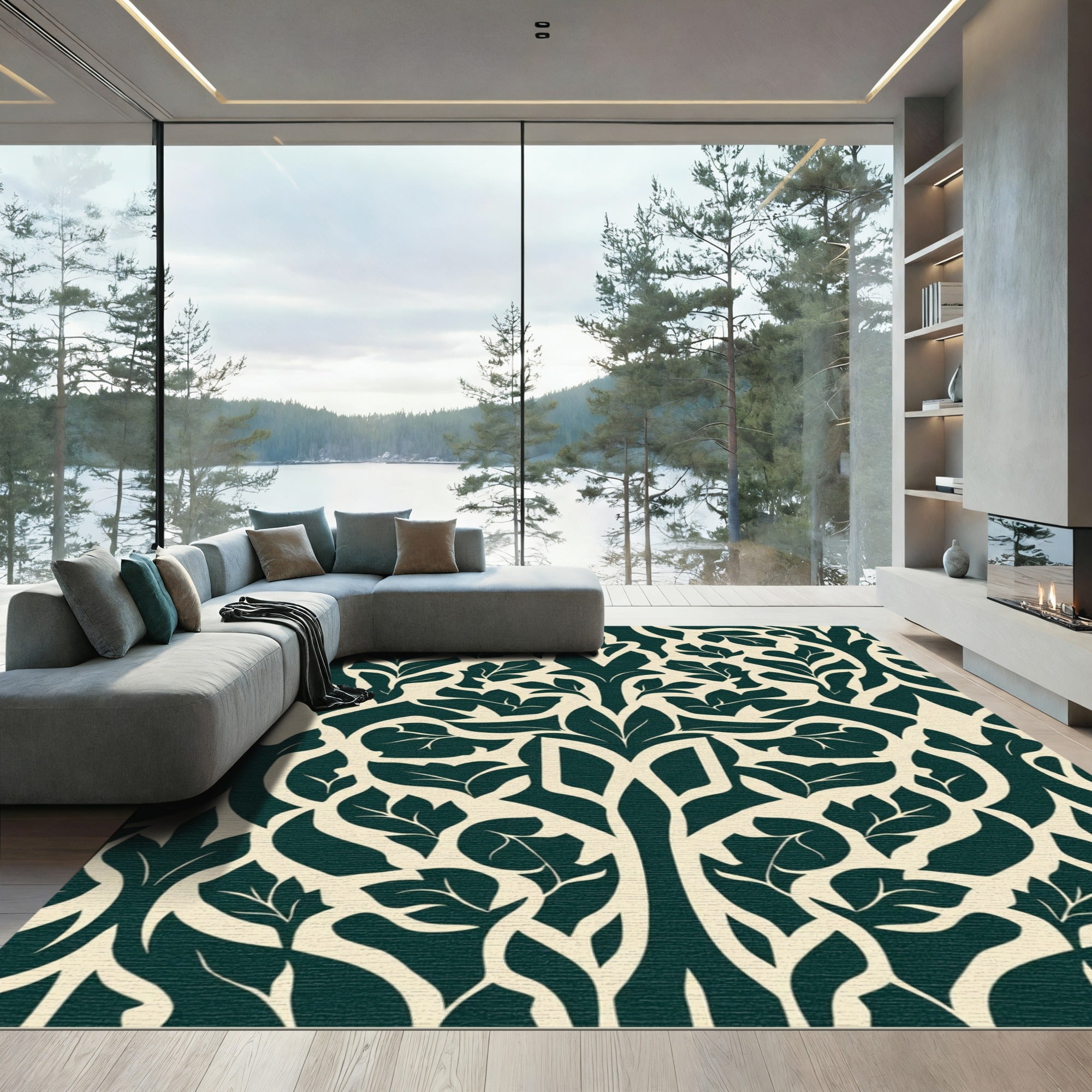 Dark Green Leafy Damask Scroll Rug