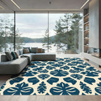 Dark Blue Tropical Leaf Medallion Rug