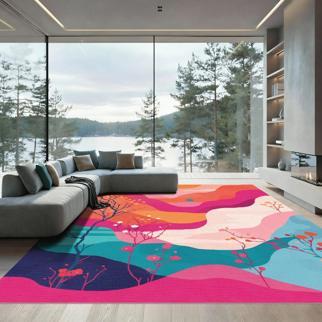 Vibrant Mountain Landscape with Blooming Branches Rug