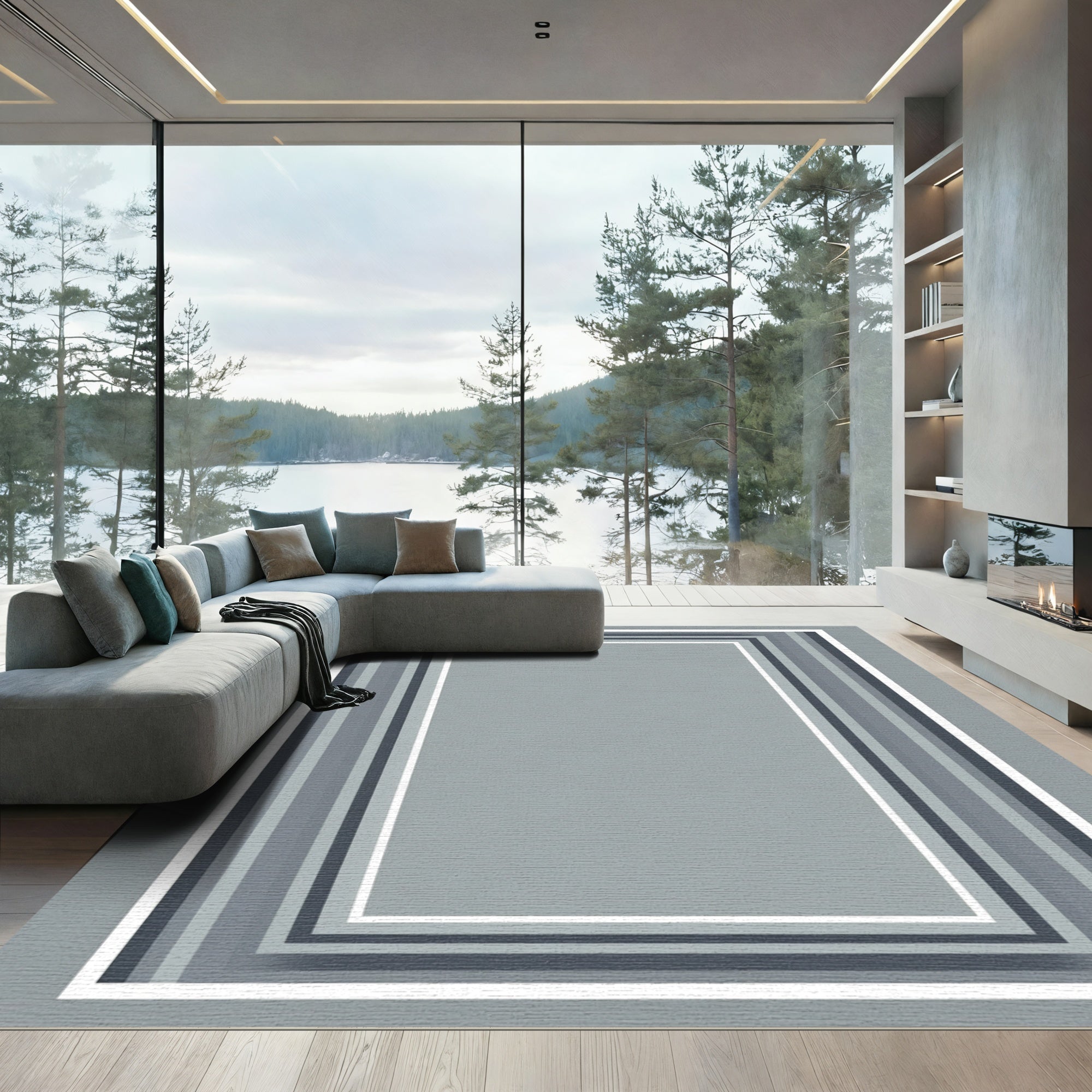 Cool Gray Concentric Stripe Border Rug