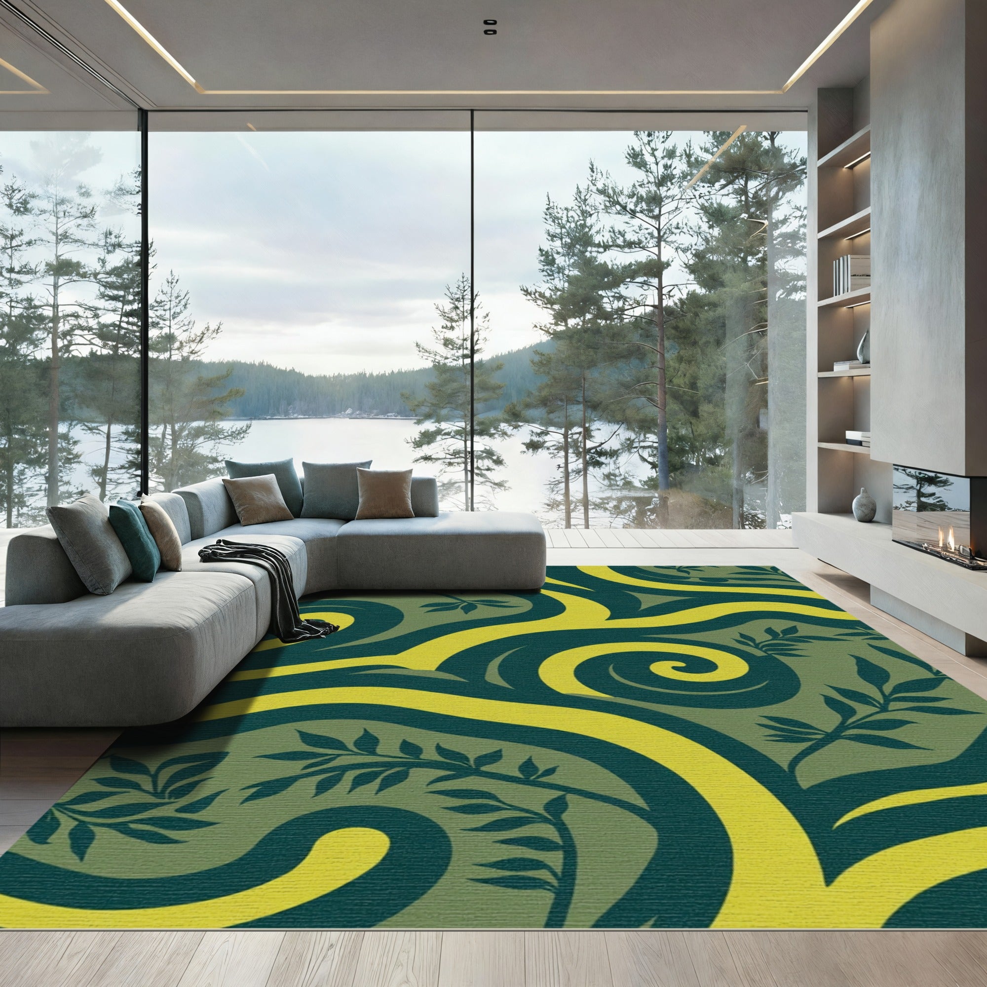 Forest Green Swirl Leaf Vines Rug