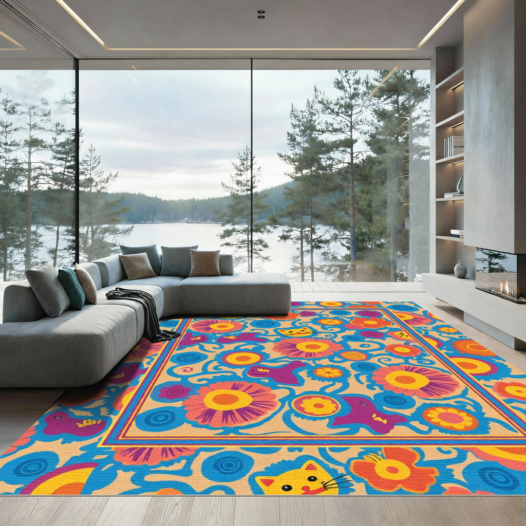 Whimsical Cat Floral Abstract Rug