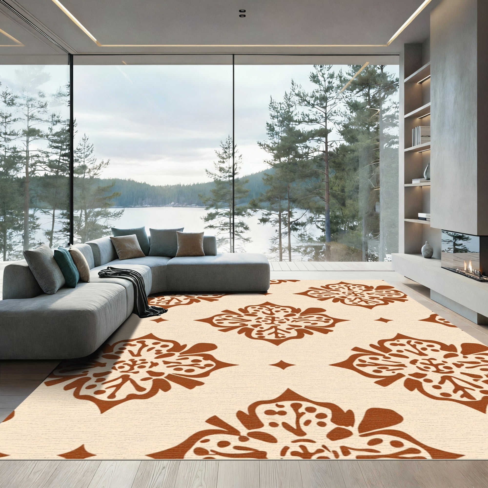 Brown Floral Damask Medallion Rug