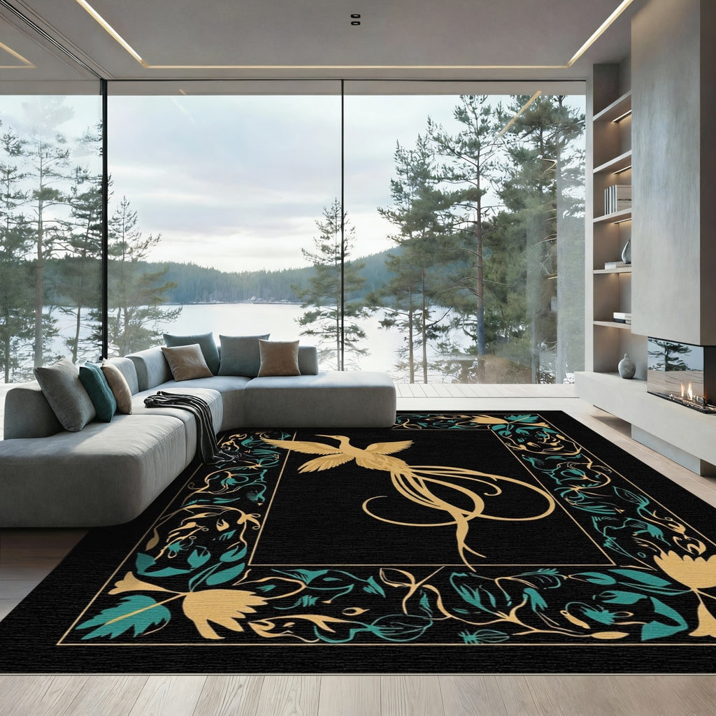 Golden Bird Teal Floral Border Rug