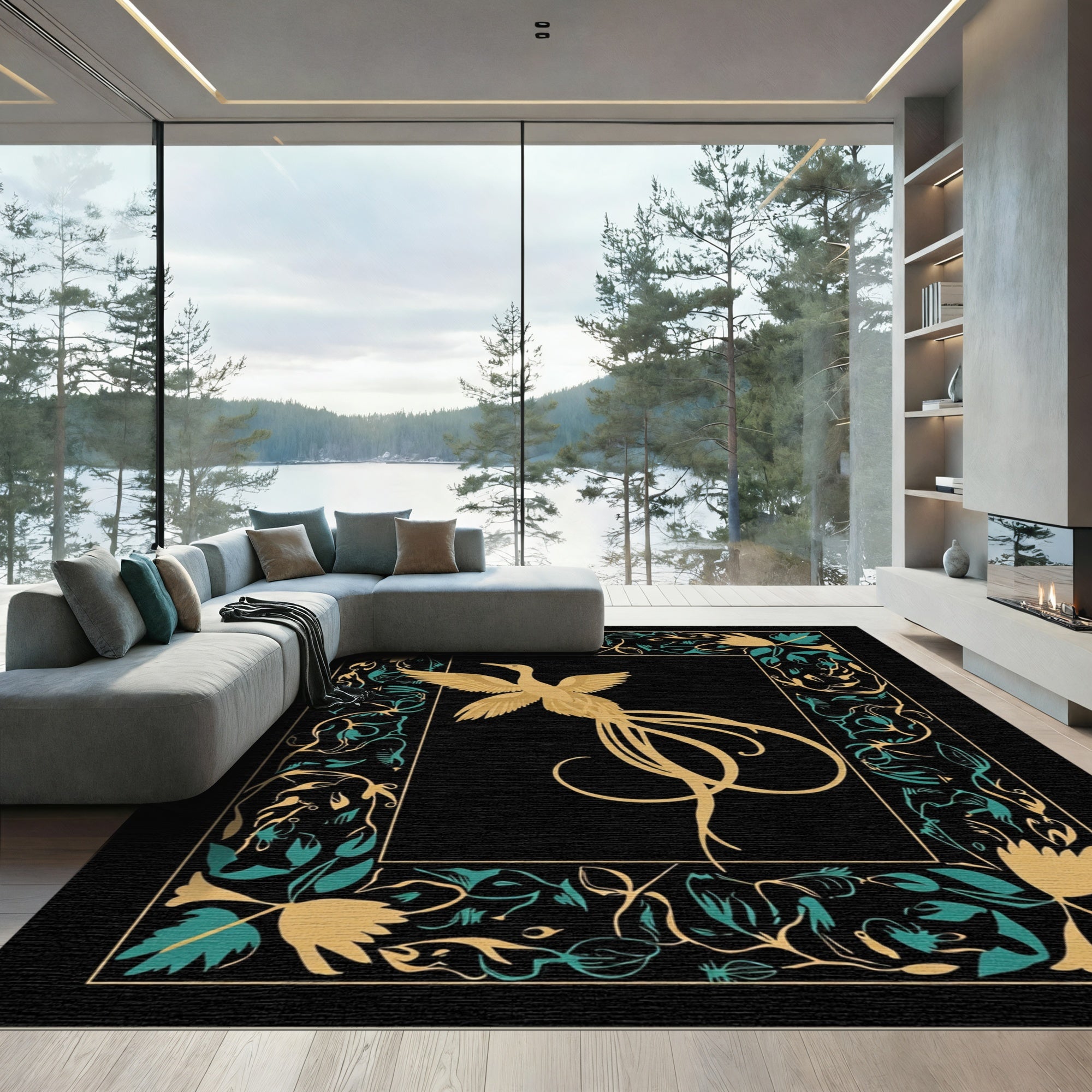 Golden Bird Teal Floral Border Rug