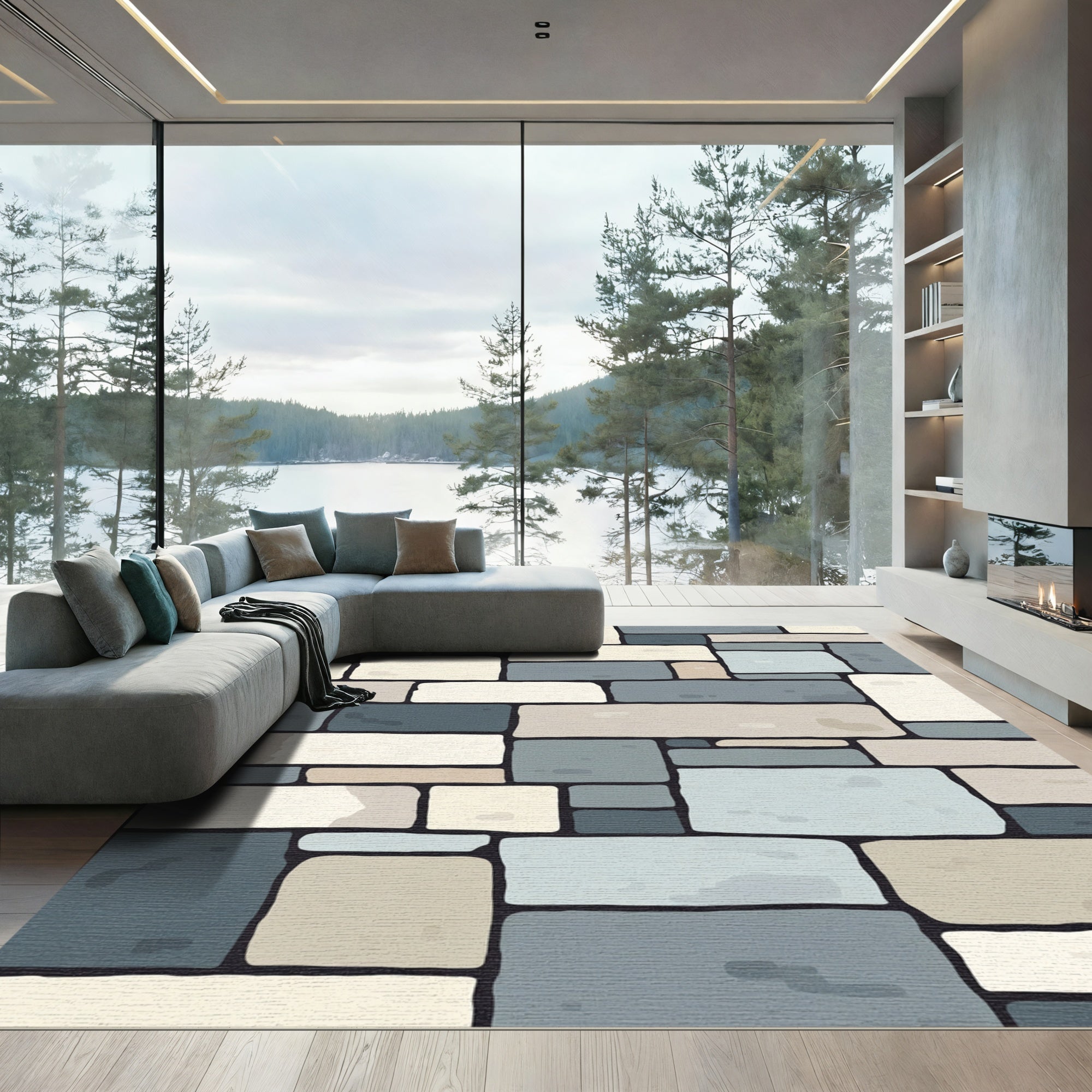 Neutral Tones Stacked Stone Blocks Rug