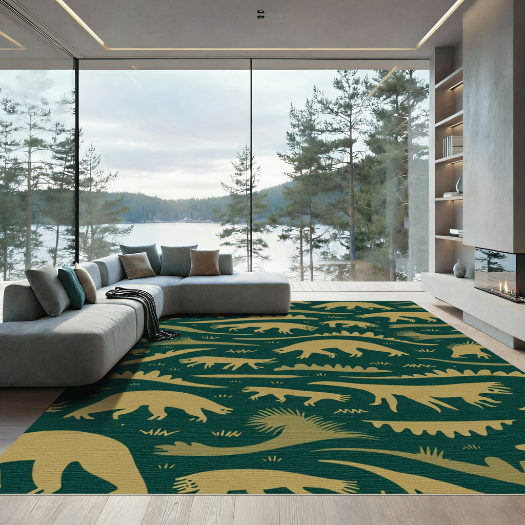 Golden Dinosaur Forest Scene Rug