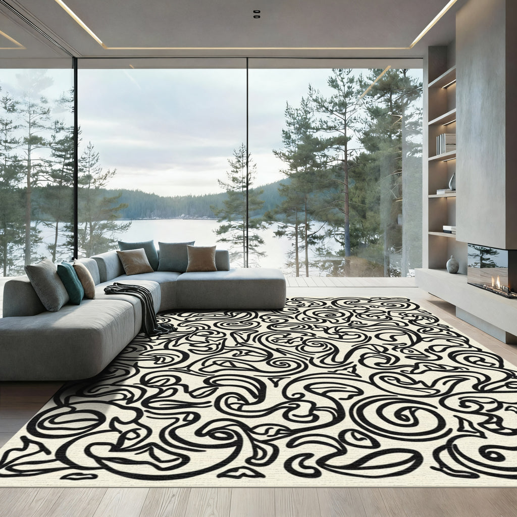 Cream Black Abstract Swirl Leaf Tapestry Rug