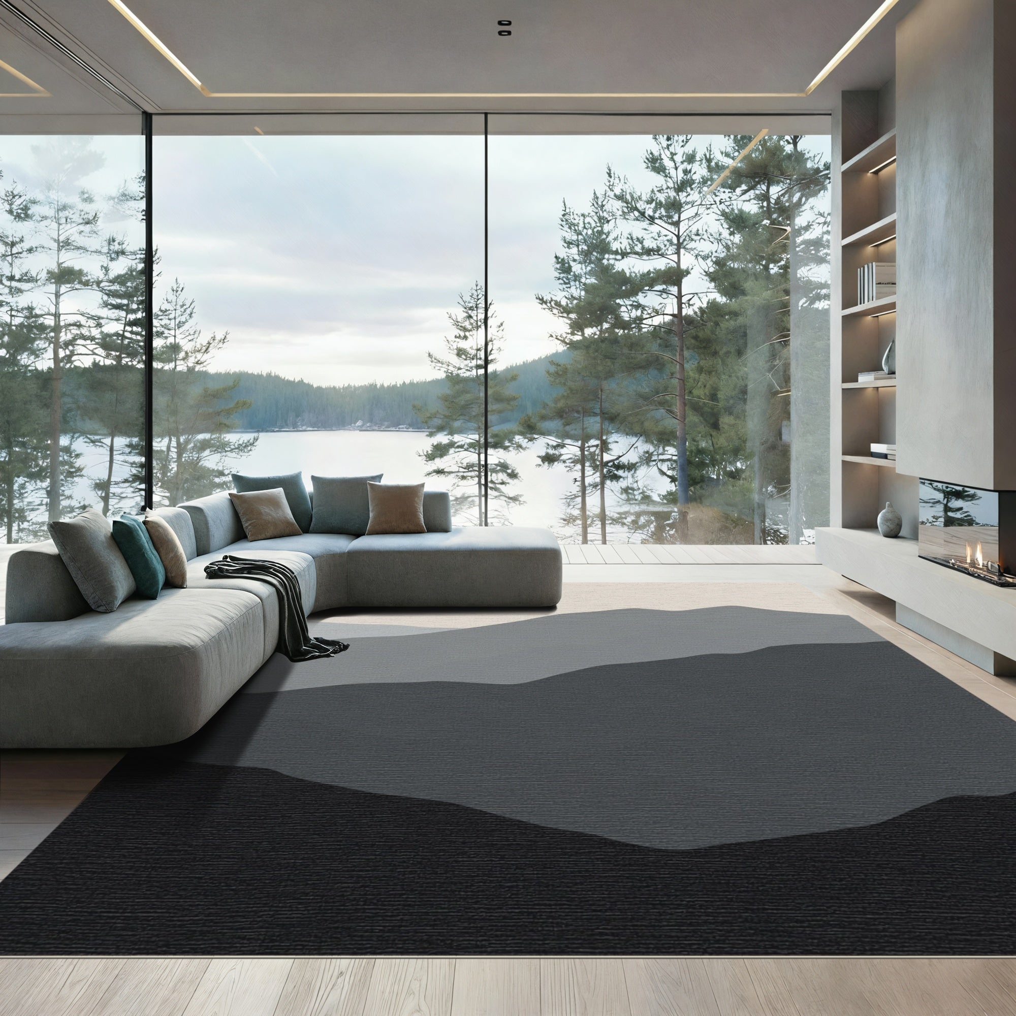 Monochromatic Layered Mountain Landscape Rug