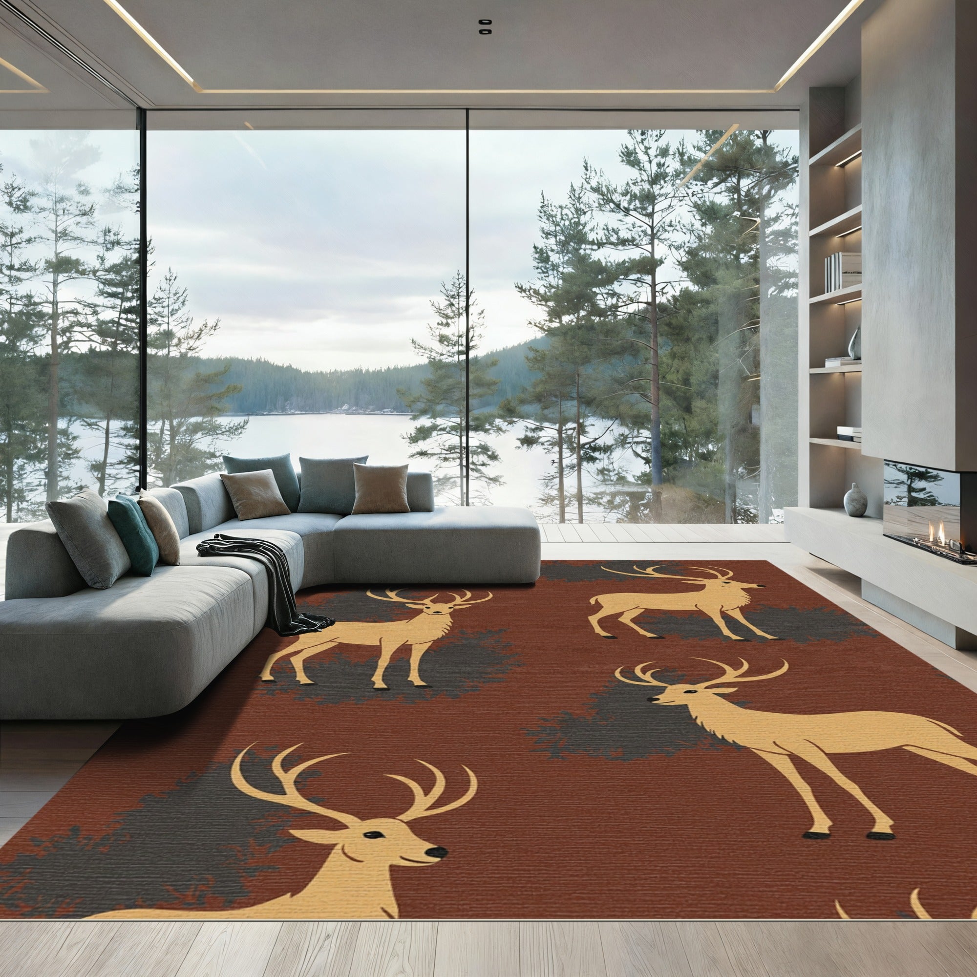 Golden Deer Silhouette Woodland Rug