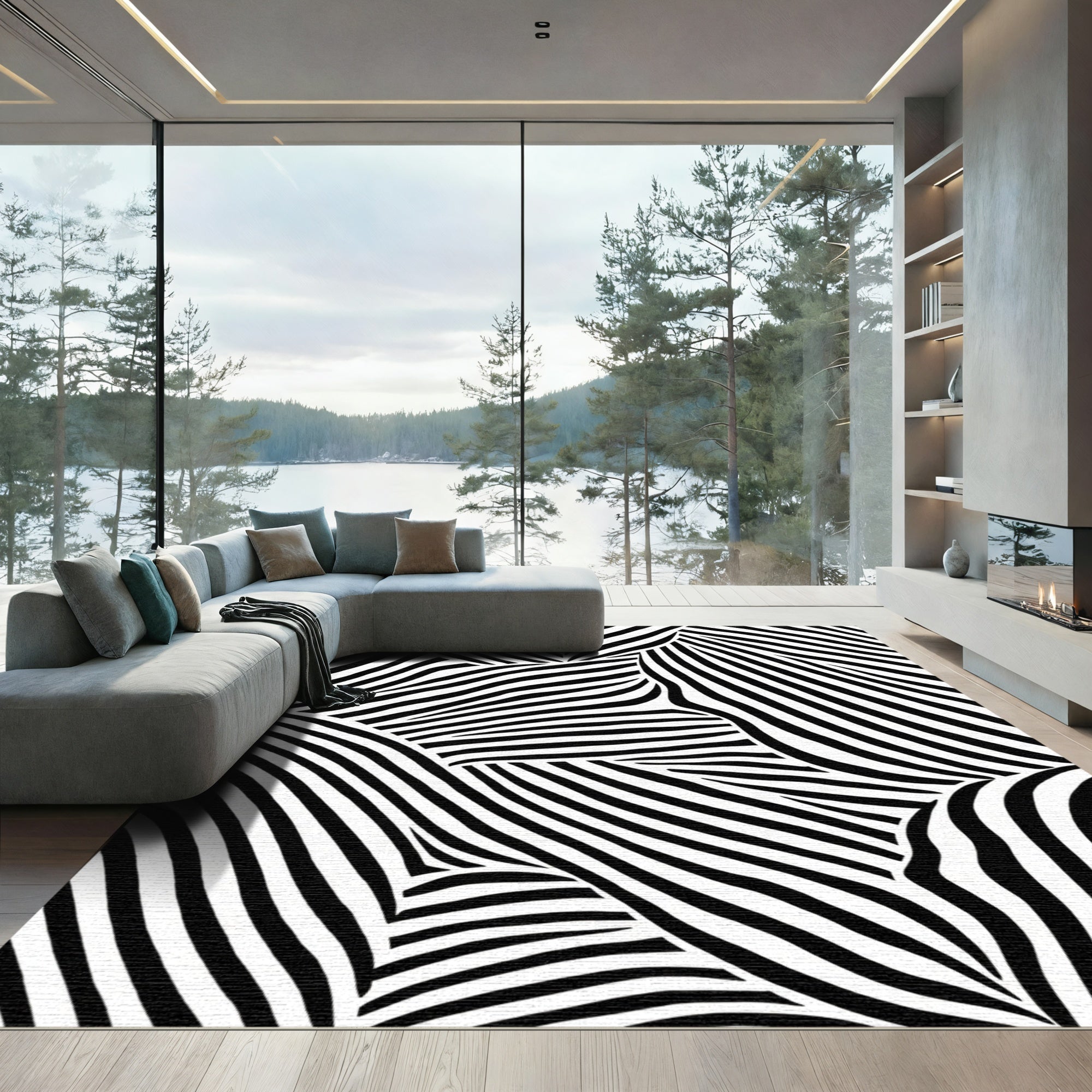 Monochrome Abstract Rippling Stripe Rug