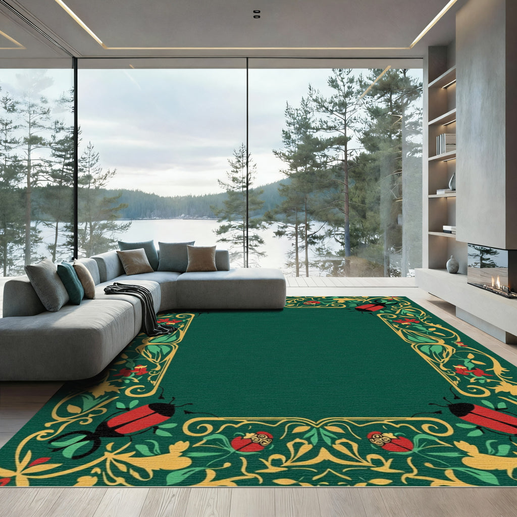 Red Beetle Golden Floral Border Rug