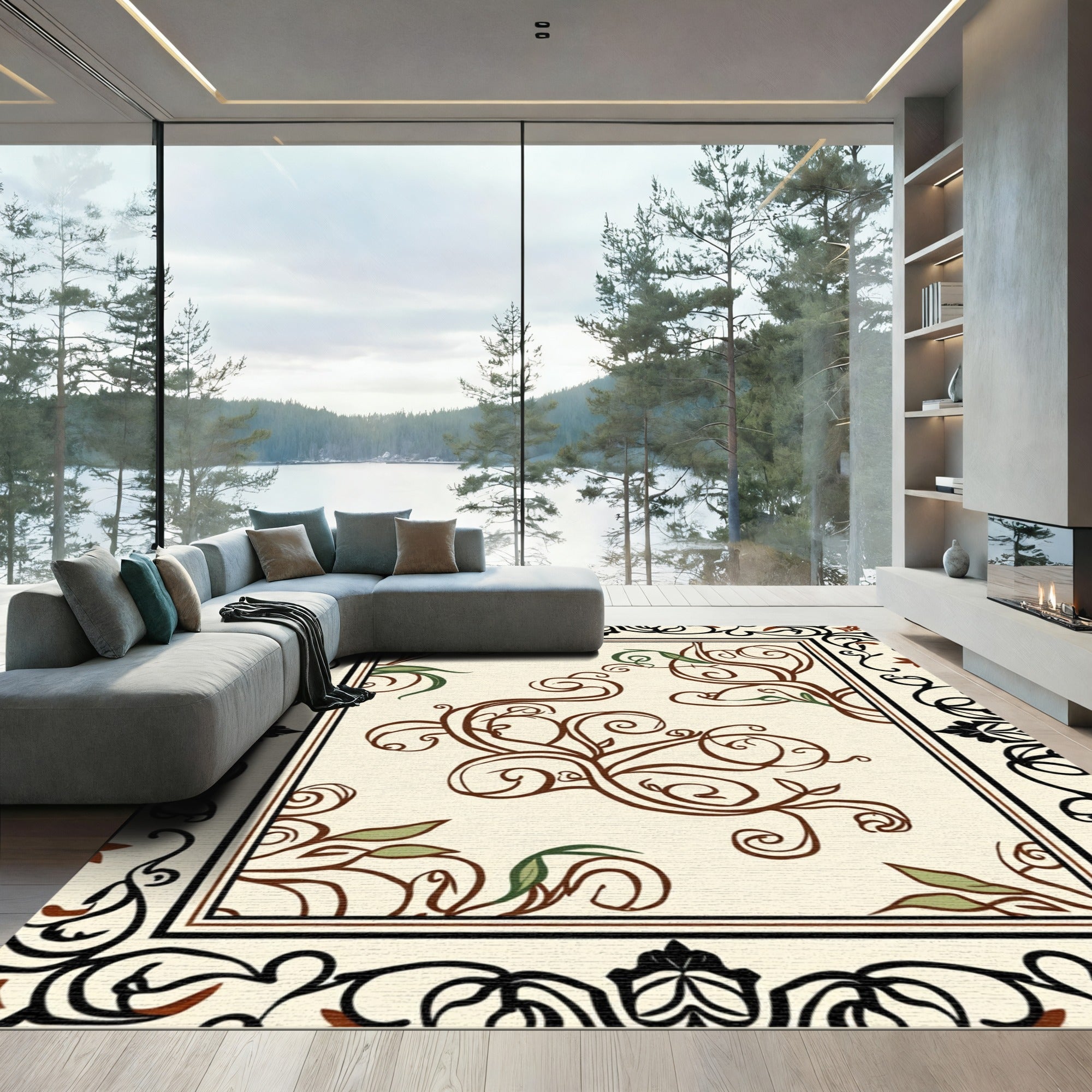 Cream Brown Leafy Scroll Border Rug