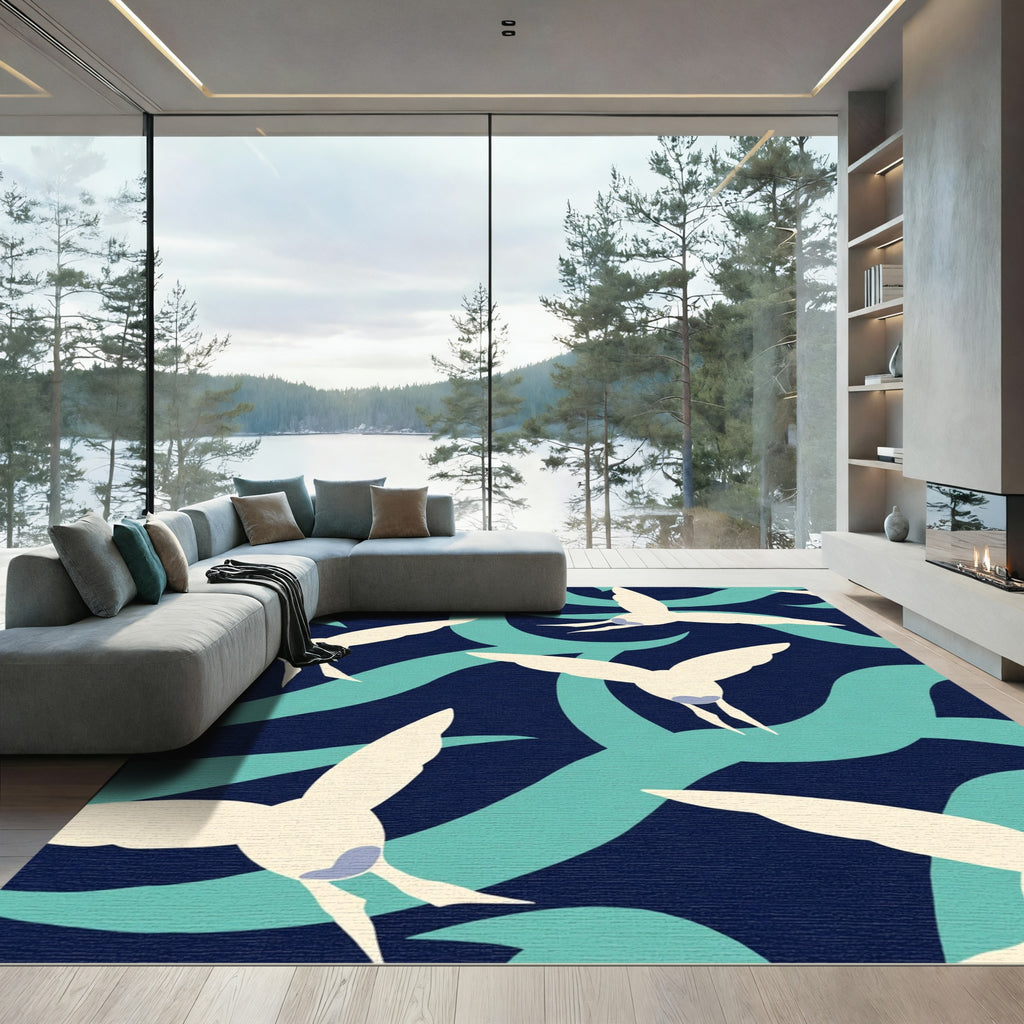 Cream Seagulls On Teal Wave Background Rug