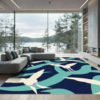 Cream Seagulls On Teal Wave Background Rug