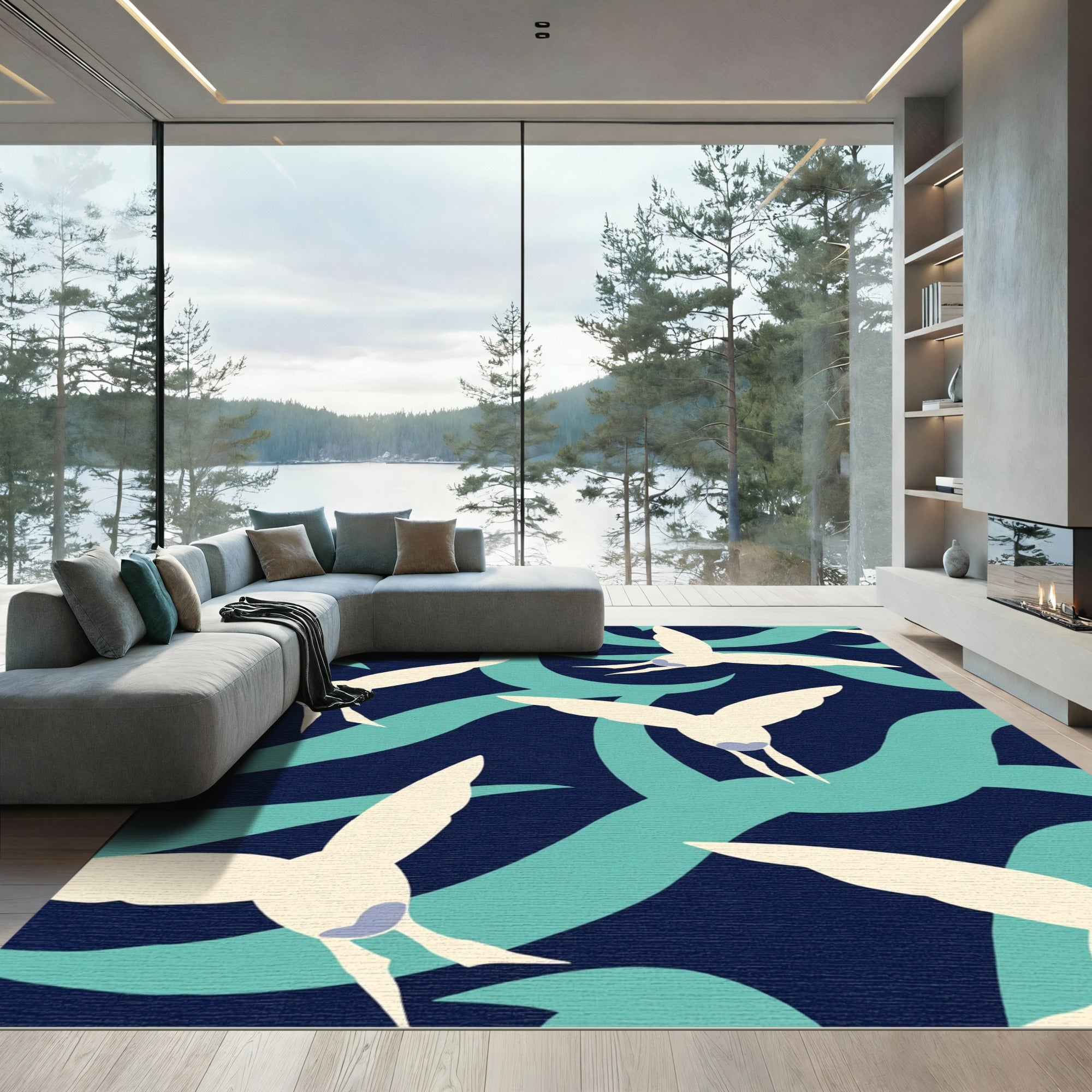 Cream Seagulls On Teal Wave Background Rug